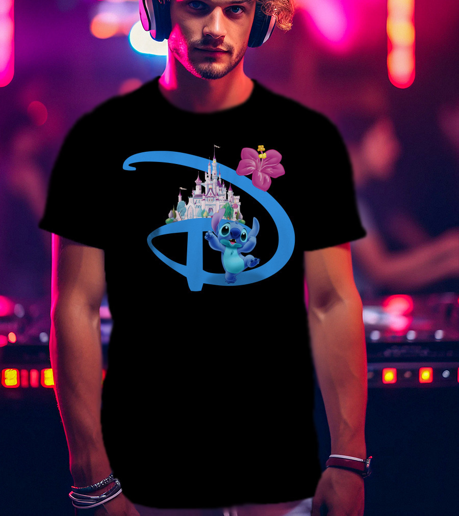 Stitch Disney Castle Hibiscus Flower T-Shirt