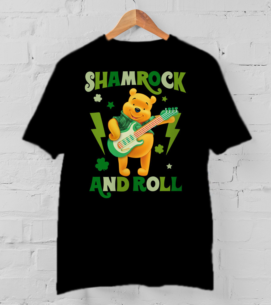 Shamrock And Roll Pooh Bear With Guitar And Green Lightning Bolts T-Shirt