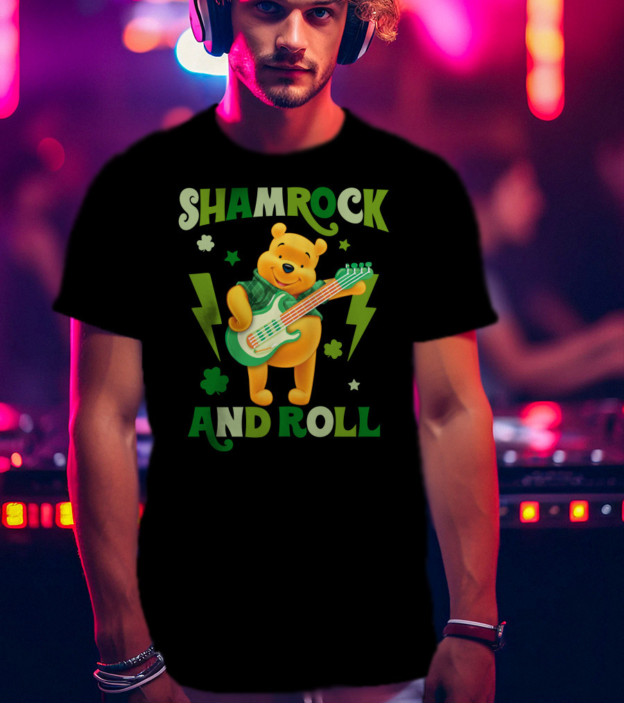 Shamrock And Roll Pooh Bear With Guitar And Green Lightning Bolts T-Shirt