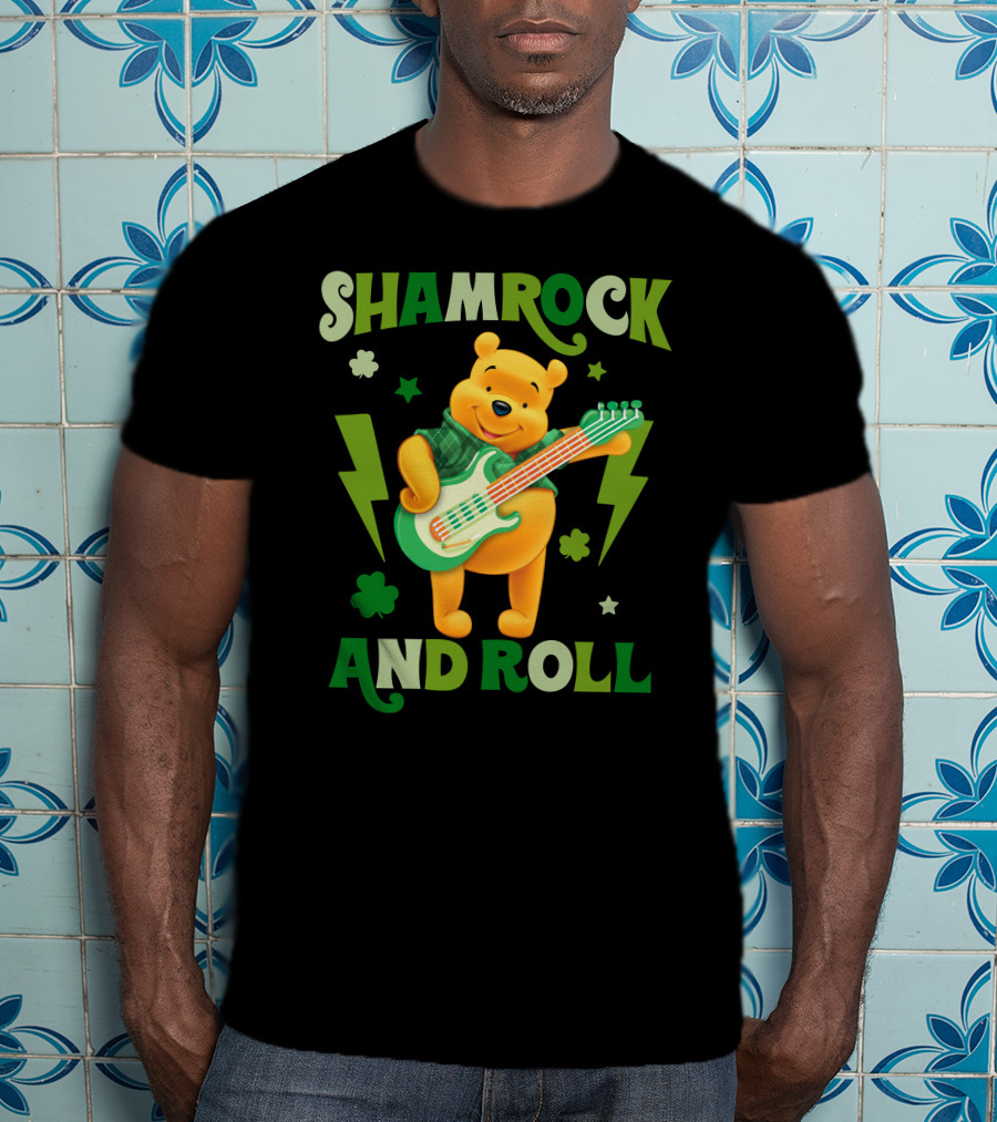 Shamrock And Roll Pooh Bear With Guitar And Green Lightning Bolts T-Shirt