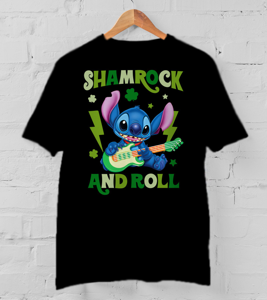 Shamrock And Roll Stitch Playing Guitar T-Shirt