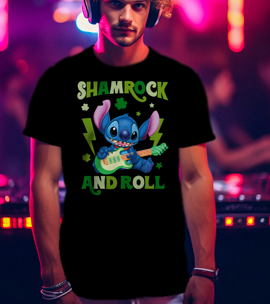 Shamrock And Roll Stitch Playing Guitar T-Shirt