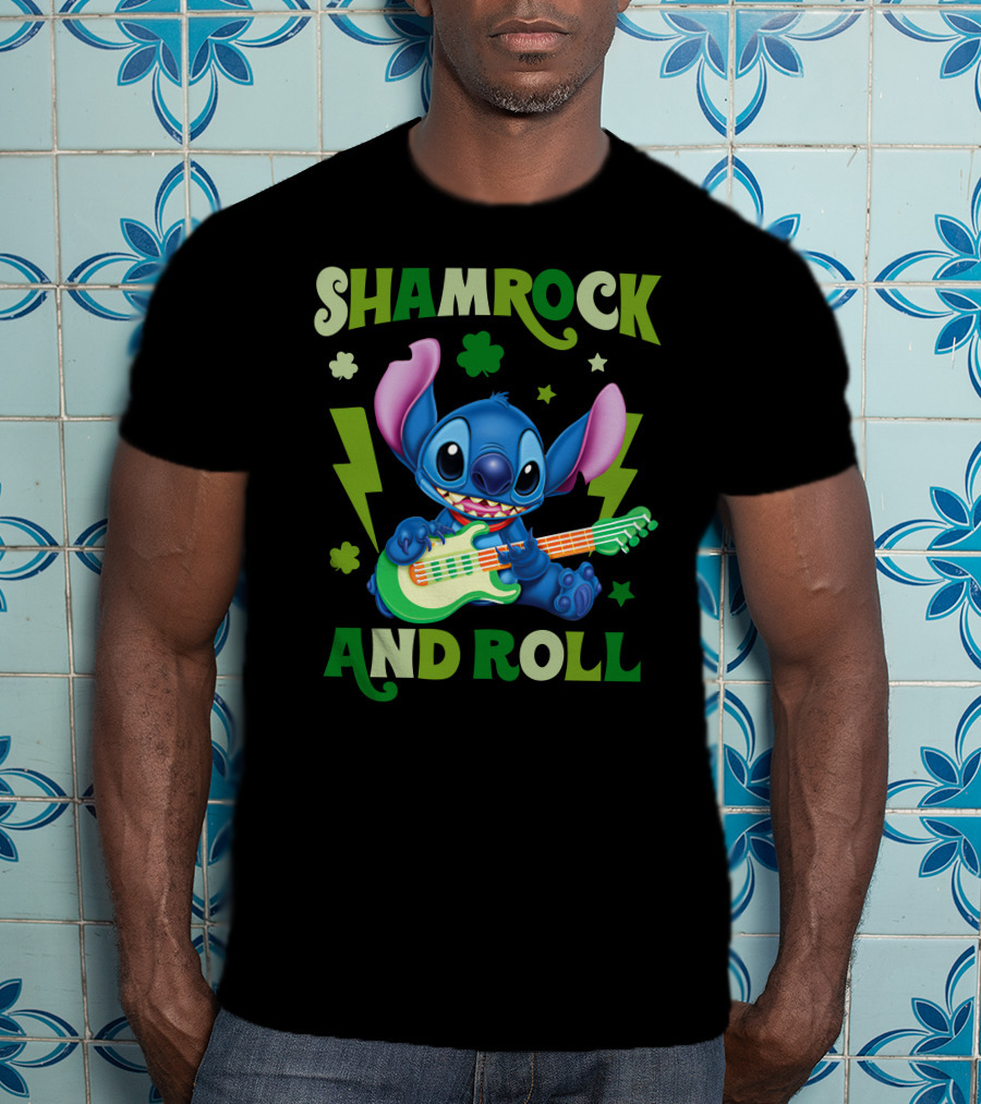 Shamrock And Roll Stitch Playing Guitar T-Shirt