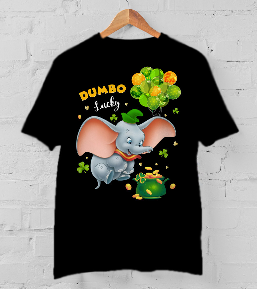 Dumbo Lucky Elephant With Green Hat And Balloons With Pot Of Gold T-Shirt