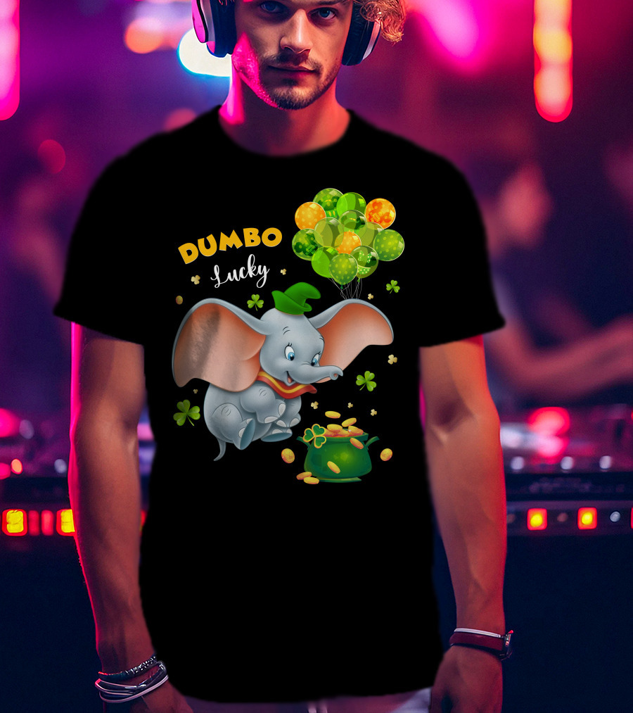 Dumbo Lucky Elephant With Green Hat And Balloons With Pot Of Gold T-Shirt