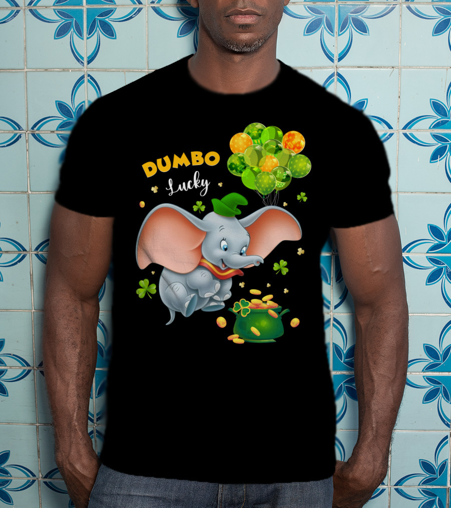 Dumbo Lucky Elephant With Green Hat And Balloons With Pot Of Gold T-Shirt