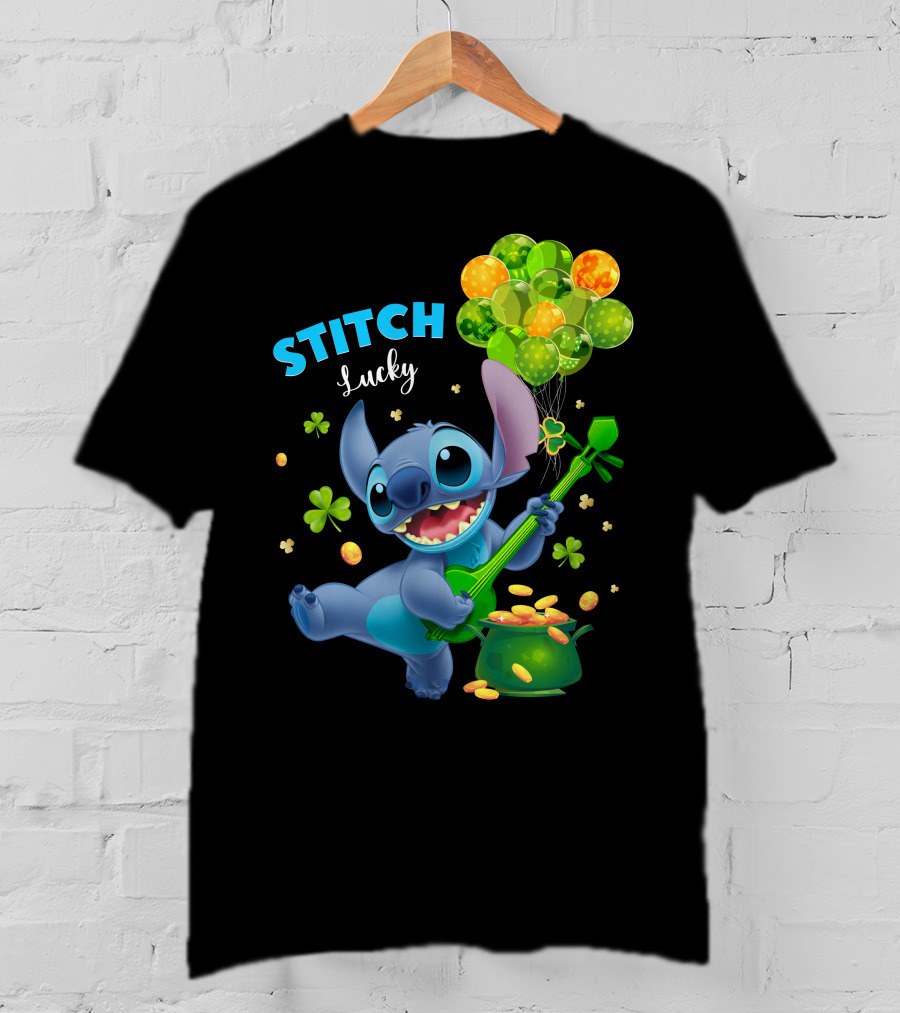 Stitch Lucky Balloons And Shamrock Celebration T-Shirt