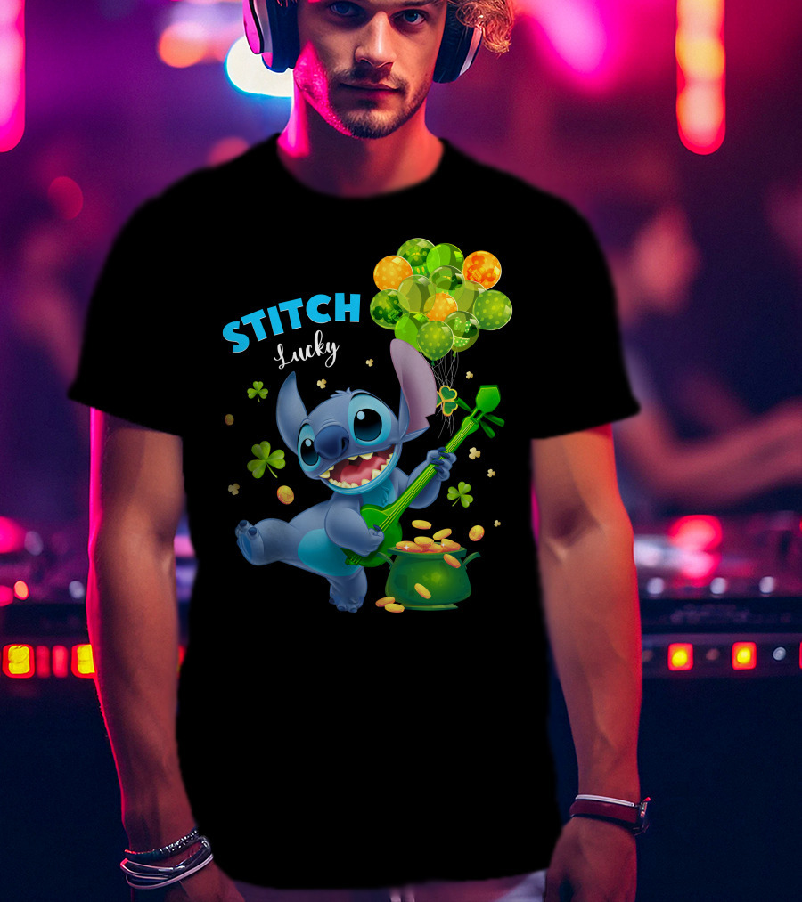 Stitch Lucky Balloons And Shamrock Celebration T-Shirt
