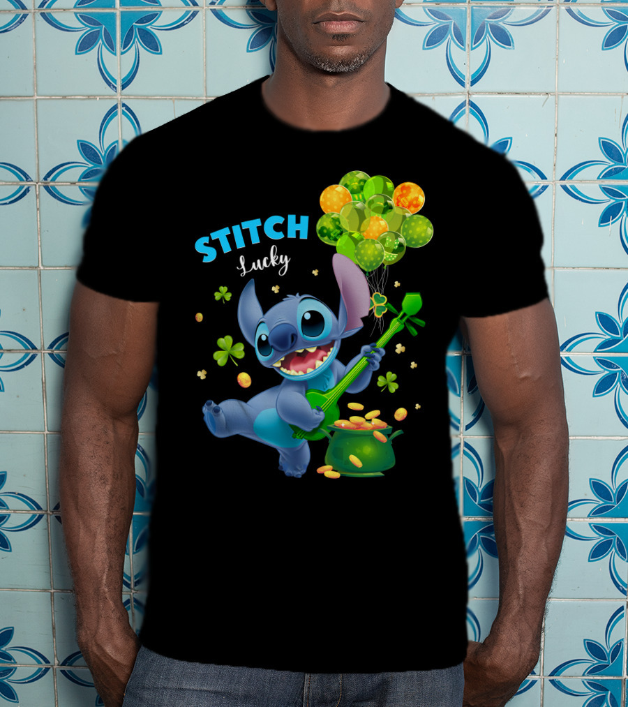 Stitch Lucky Balloons And Shamrock Celebration T-Shirt