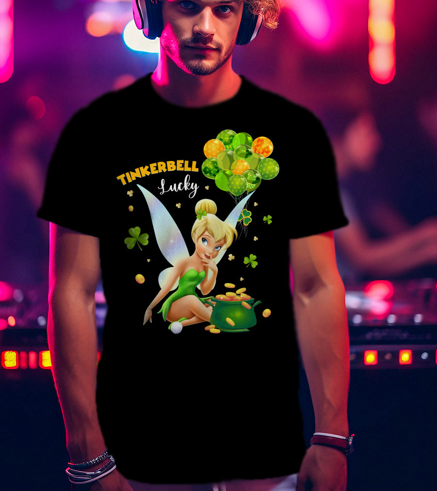 Tinkerbell Lucky Balloons And Clover With Pot Of Gold T-Shirt