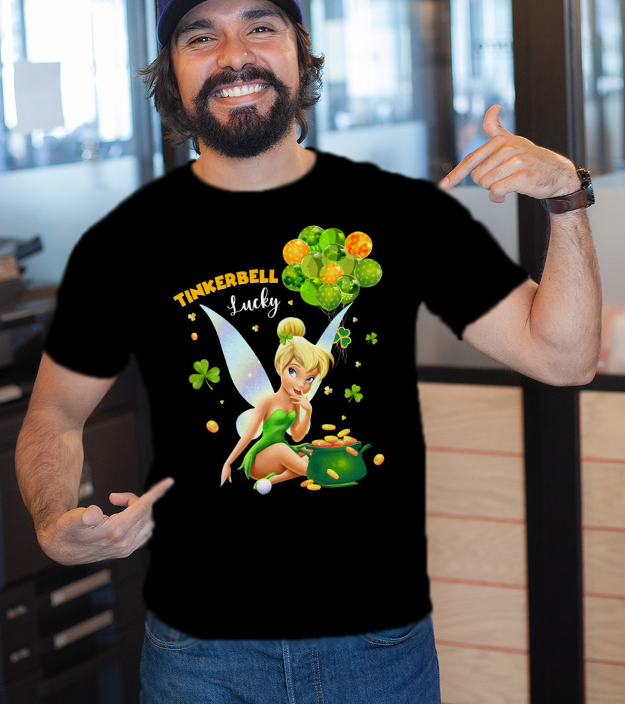 Tinkerbell Lucky Balloons And Clover With Pot Of Gold T-Shirt