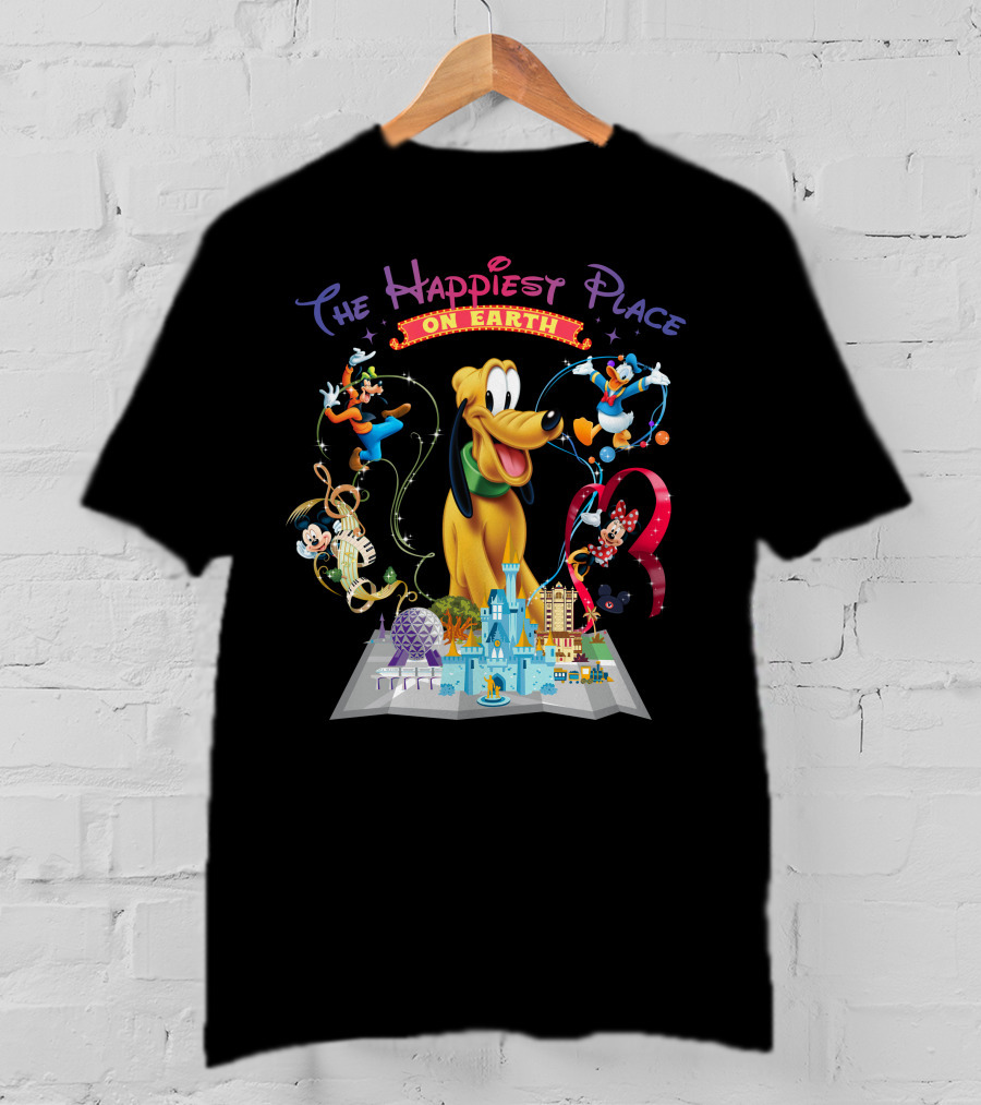 The Happiest Place On Earth Pluto Mickey Mouse Donald Duck Goofy Minnie Mouse Disney World Map T-Shirt