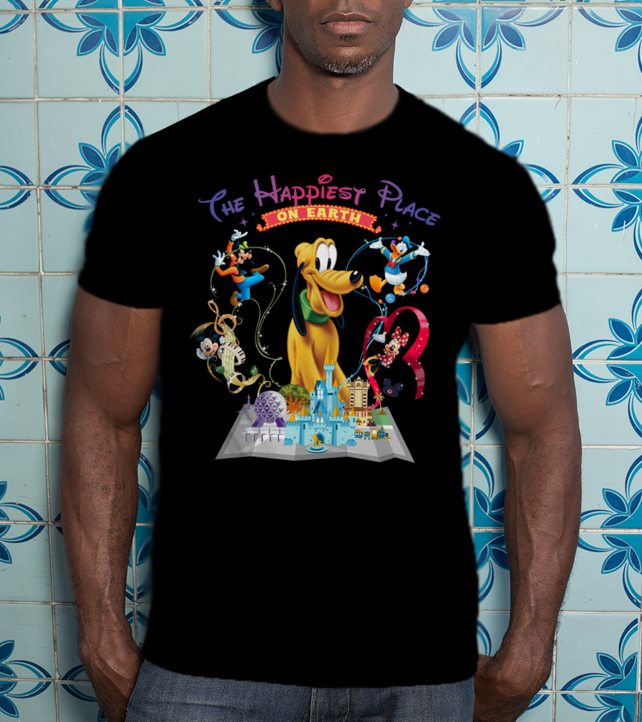 The Happiest Place On Earth Pluto Mickey Mouse Donald Duck Goofy Minnie Mouse Disney World Map T-Shirt