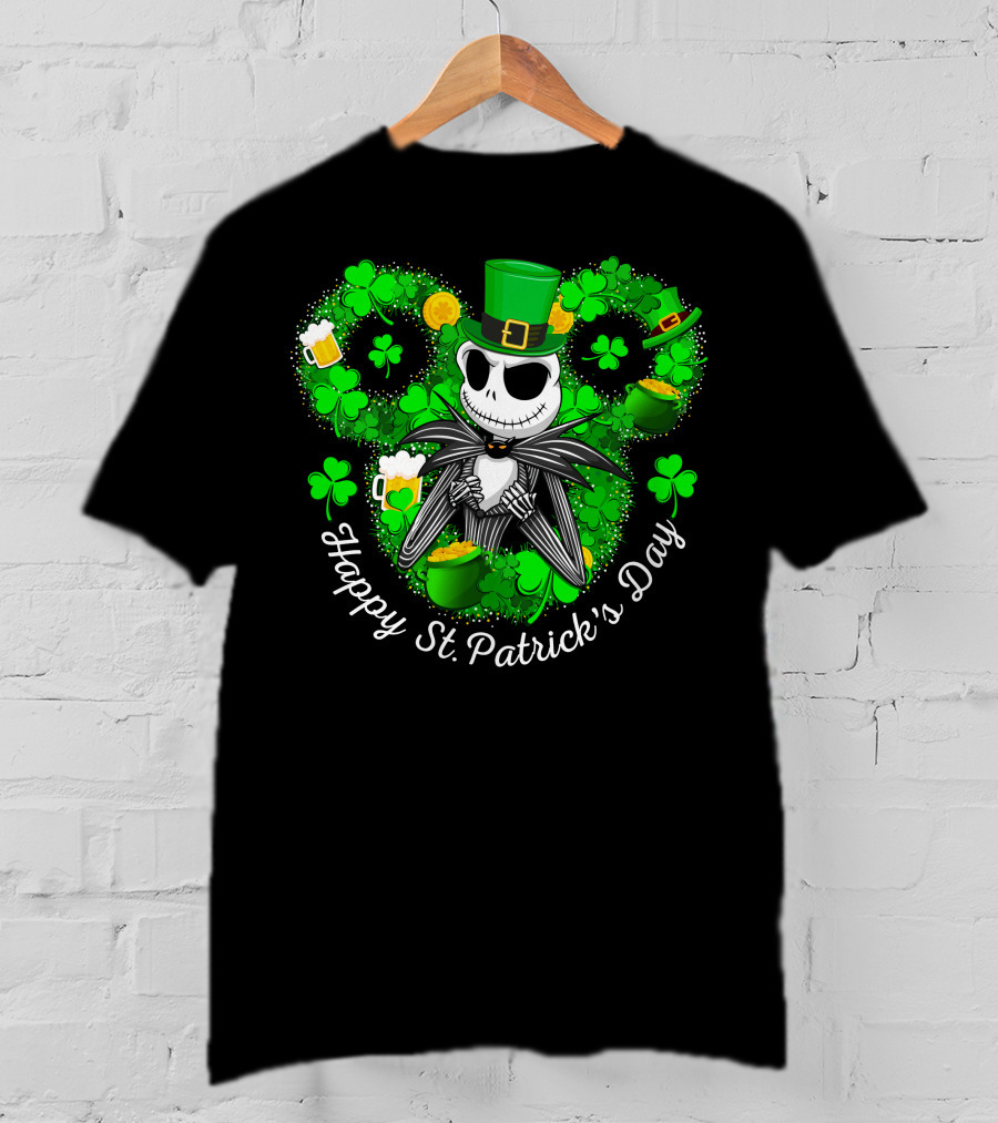 Jack Skellington Happy St. Patrick's Day Shamrocks And Leprechaun Hat T-Shirt