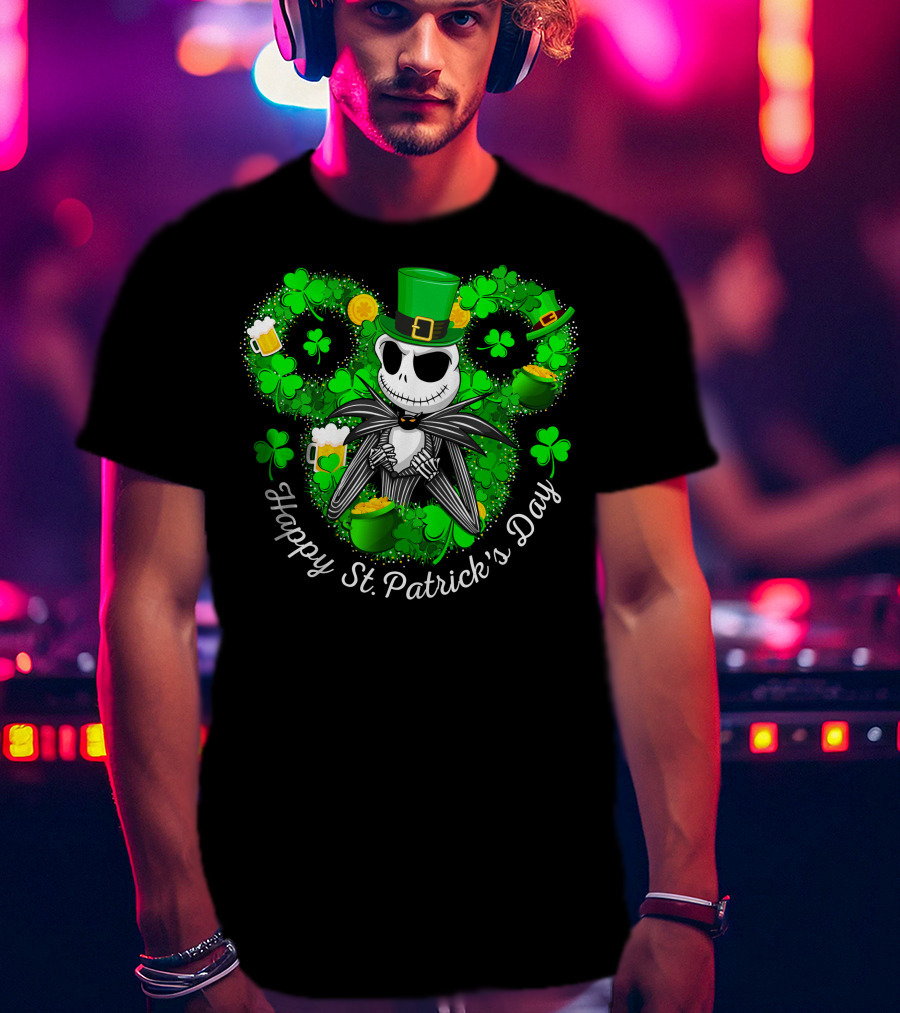 Jack Skellington Happy St. Patrick's Day Shamrocks And Leprechaun Hat T-Shirt