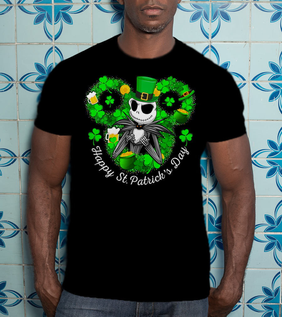 Jack Skellington Happy St. Patrick's Day Shamrocks And Leprechaun Hat T-Shirt