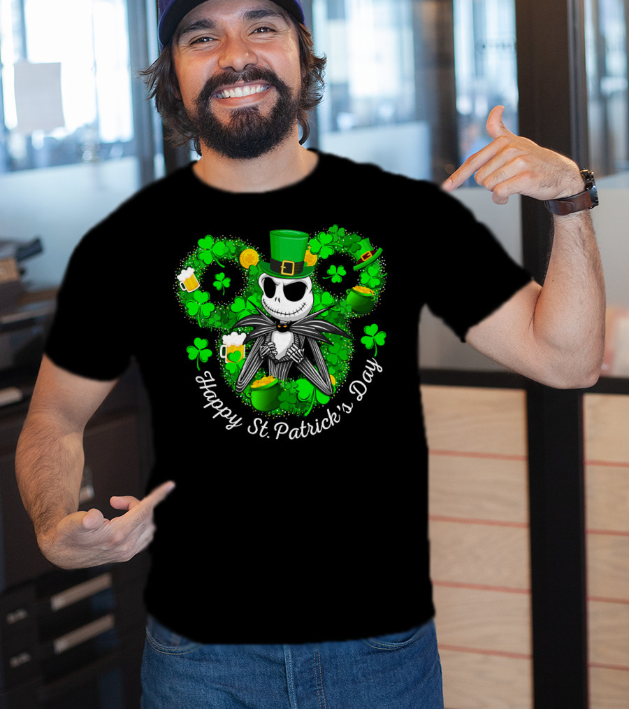 Jack Skellington Happy St. Patrick's Day Shamrocks And Leprechaun Hat T-Shirt