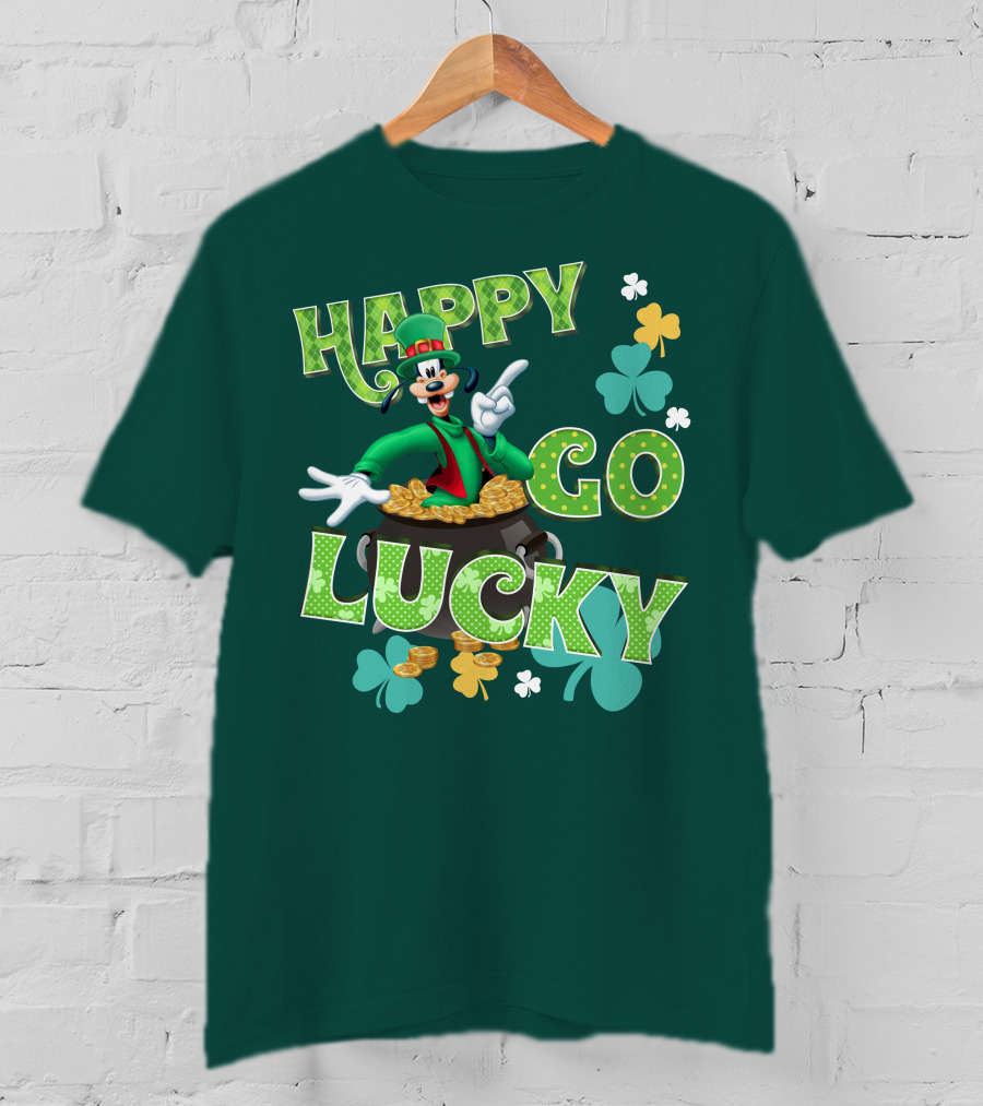 Happy Go Lucky Goofy Pot Of Gold Shamrocks T-Shirt