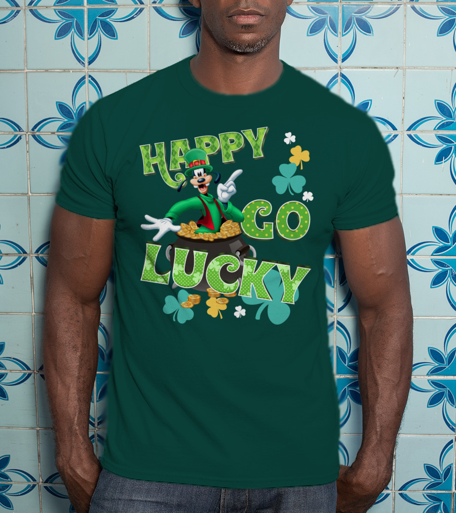 Happy Go Lucky Goofy Pot Of Gold Shamrocks T-Shirt