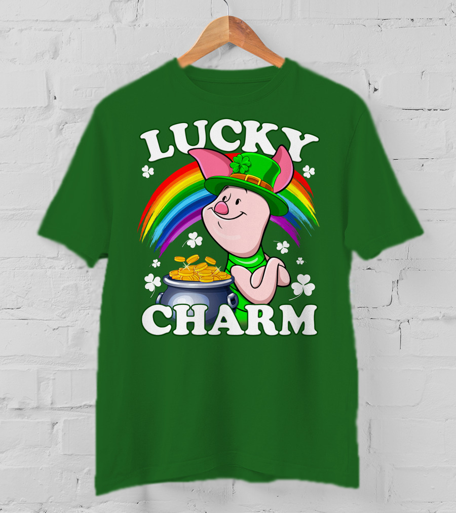 Lucky Charm With Piglet In Leprechaun Hat And Rainbow T-Shirt