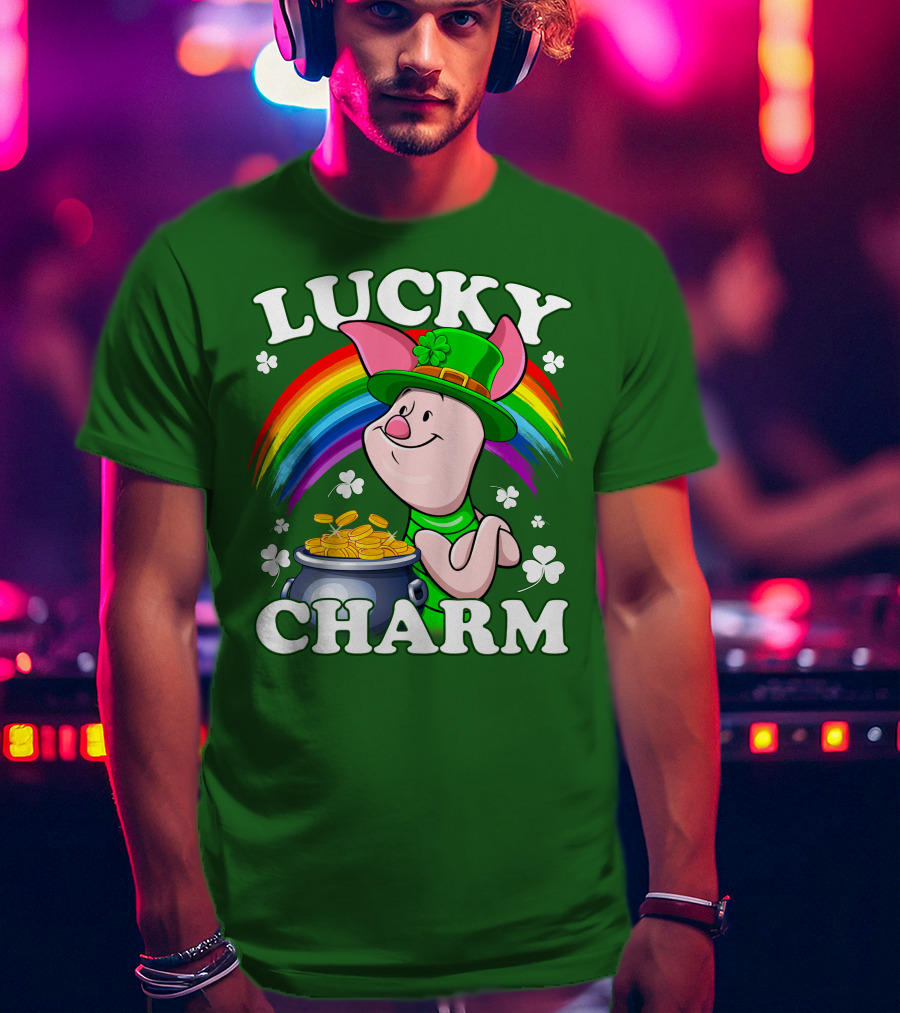 Lucky Charm With Piglet In Leprechaun Hat And Rainbow T-Shirt
