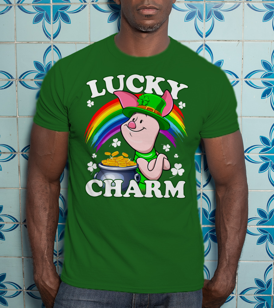 Lucky Charm With Piglet In Leprechaun Hat And Rainbow T-Shirt
