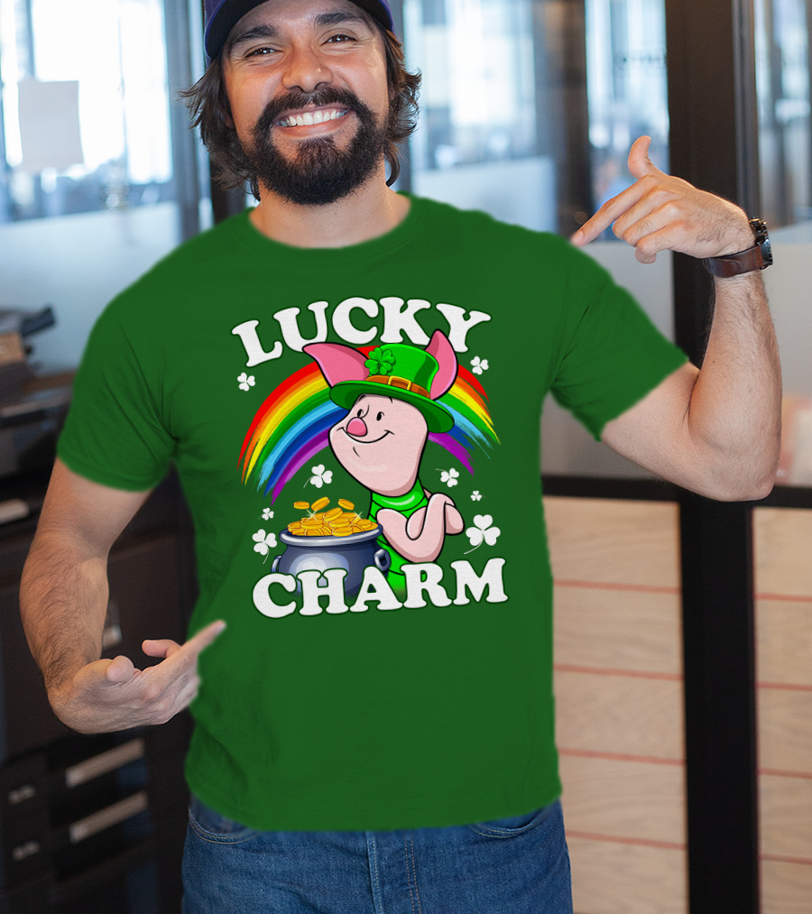Lucky Charm With Piglet In Leprechaun Hat And Rainbow T-Shirt