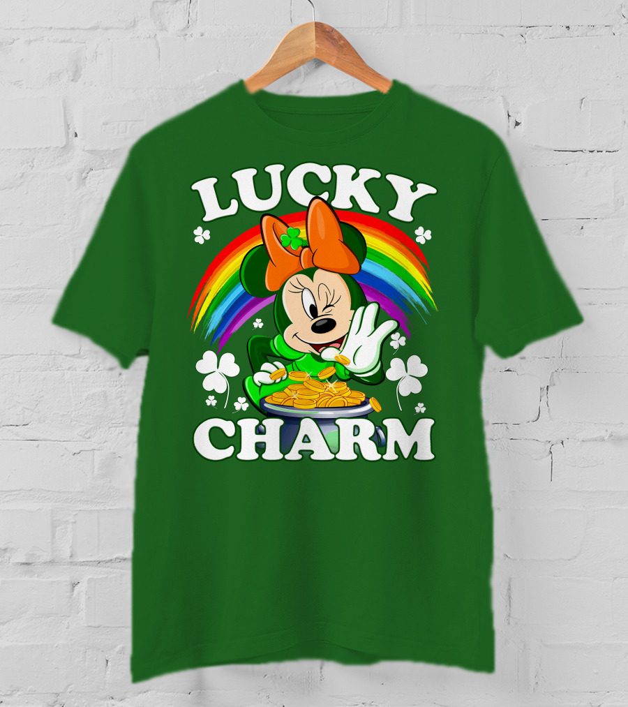 Lucky Charm Rainbow Minnie With Pot Of Gold And Shamrocks T-Shirt