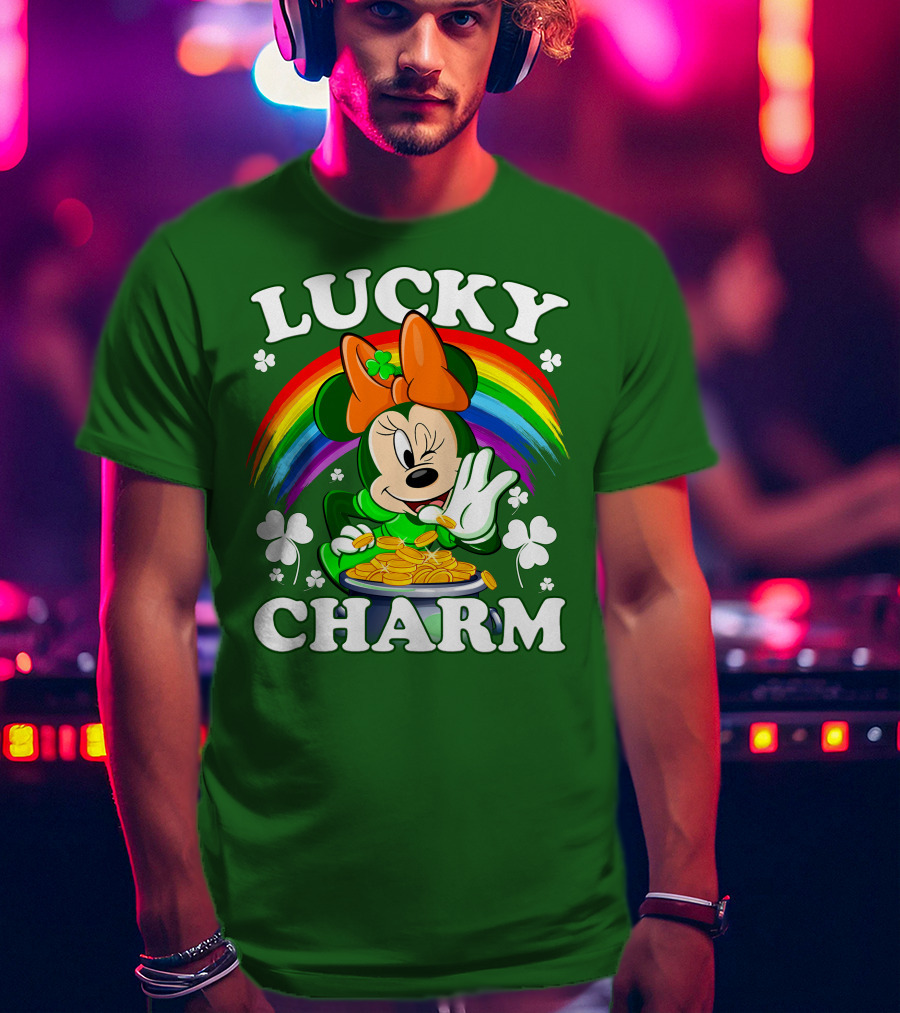 Lucky Charm Rainbow Minnie With Pot Of Gold And Shamrocks T-Shirt