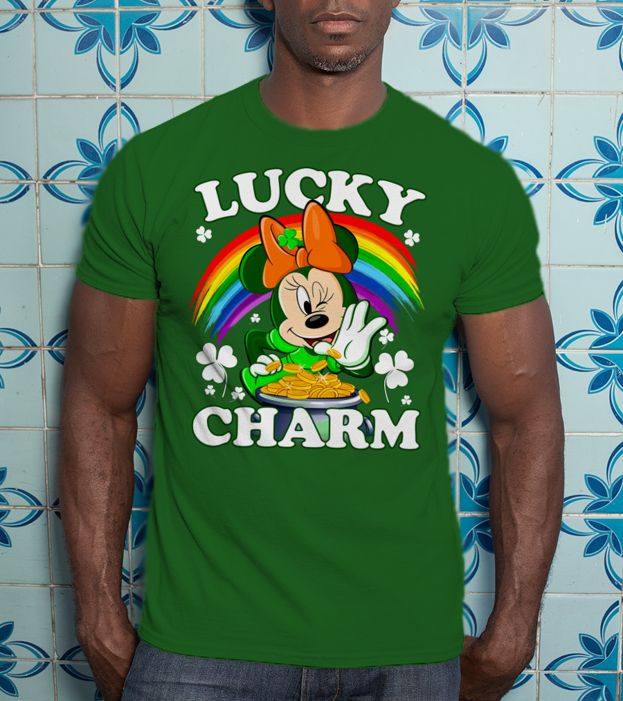 Lucky Charm Rainbow Minnie With Pot Of Gold And Shamrocks T-Shirt
