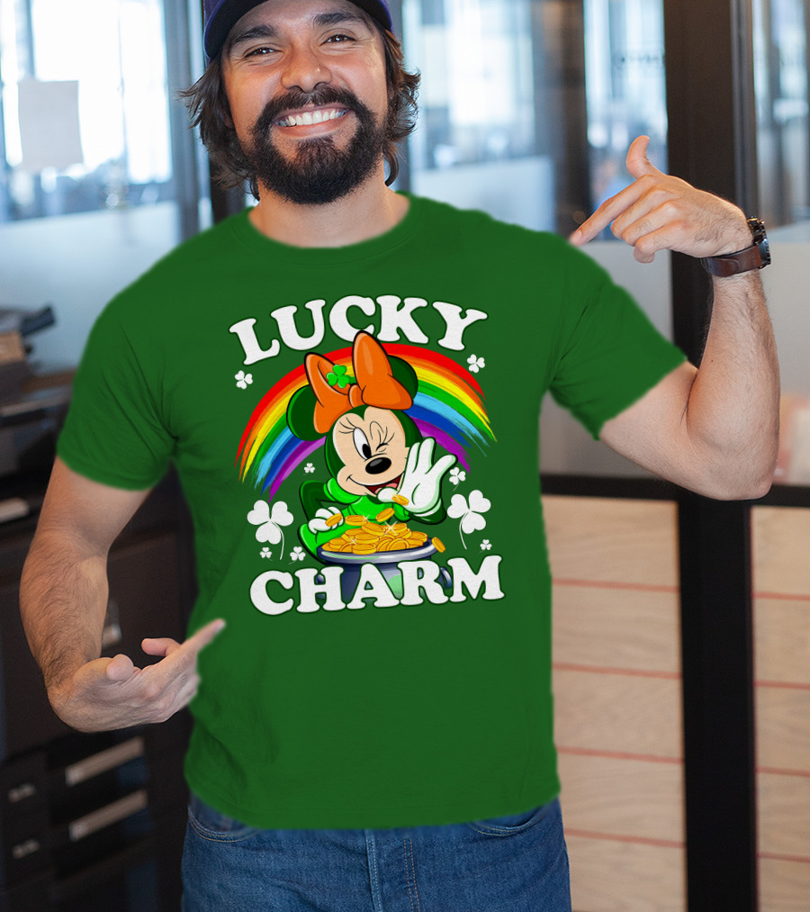 Lucky Charm Rainbow Minnie With Pot Of Gold And Shamrocks T-Shirt