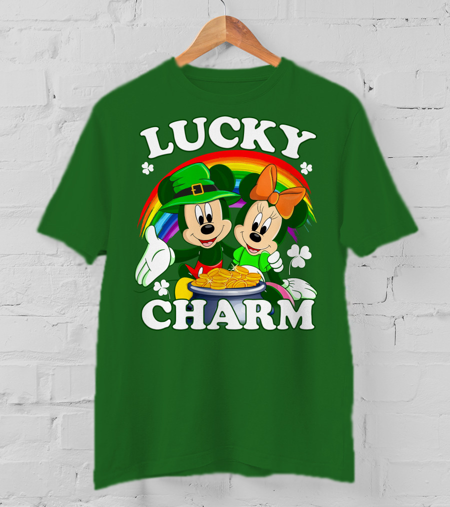 Lucky Charm Mickey And Minnie Rainbow Shamrock Coins T-Shirt