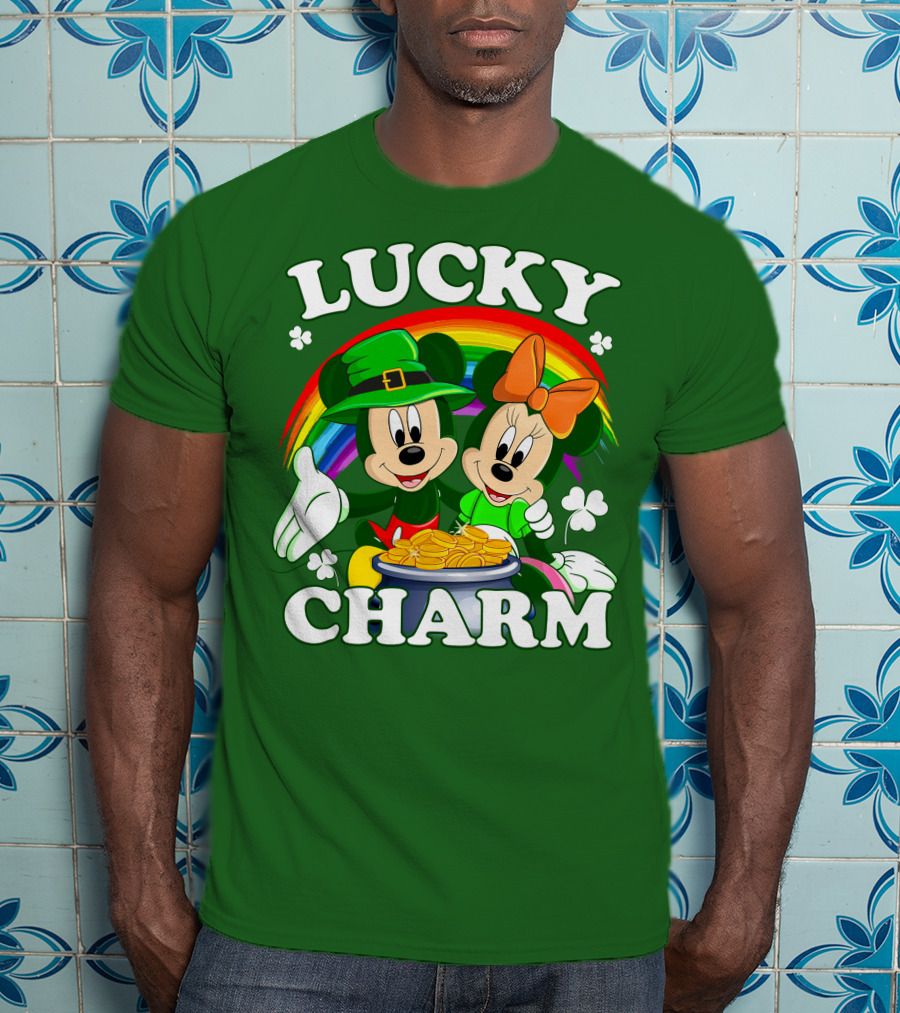 Lucky Charm Mickey And Minnie Rainbow Shamrock Coins T-Shirt