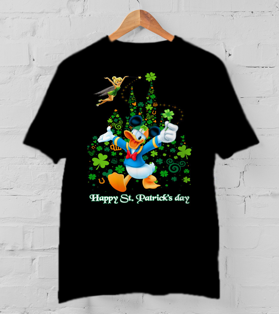 Happy St. Patrick's Day Donald And Tinkerbell With Shamrocks And Castle T-Shirt