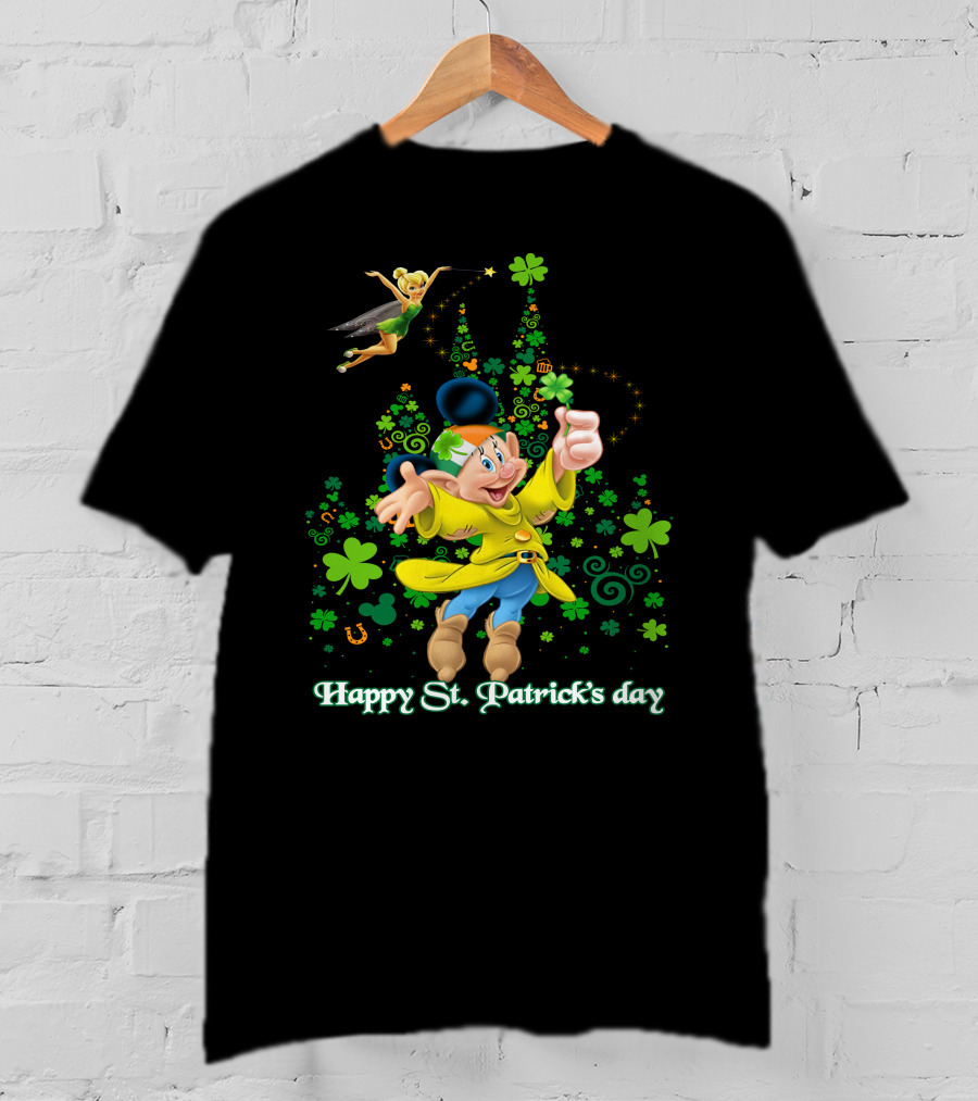 Happy St. Patrick's Day Dopey Disney Character With Tinker Bell And Clovers T-Shirt