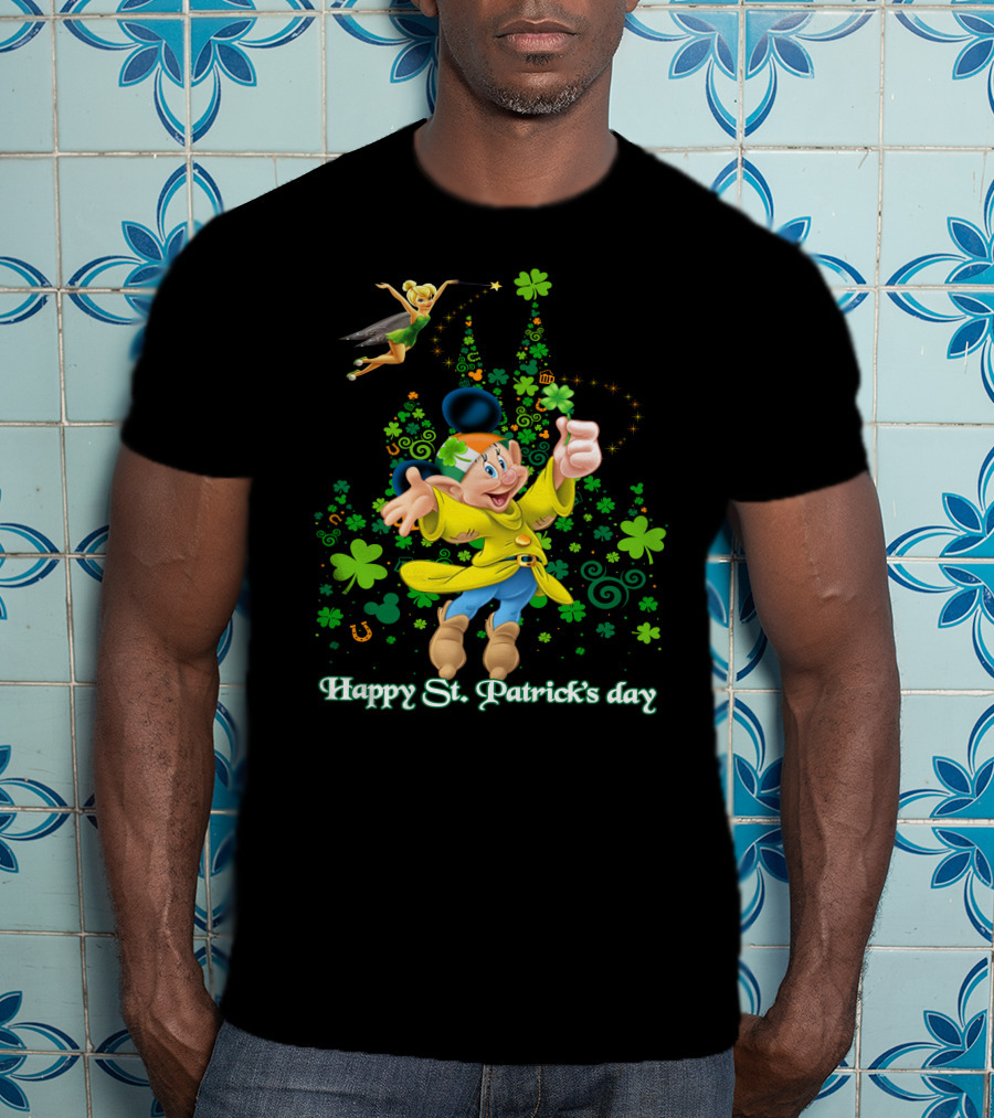 Happy St. Patrick's Day Dopey Disney Character With Tinker Bell And Clovers T-Shirt