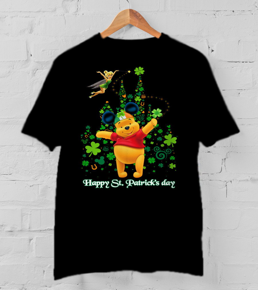 Happy St. Patrick's Day Pooh And Tinker Bell With Mickey Ears And Shamrocks T-Shirt