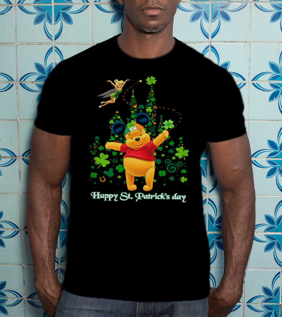Happy St. Patrick's Day Pooh And Tinker Bell With Mickey Ears And Shamrocks T-Shirt