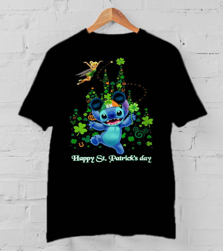 Stitch And Tinkerbell Happy St. Patrick's Day With Shamrocks And Irish Colors T-Shirt