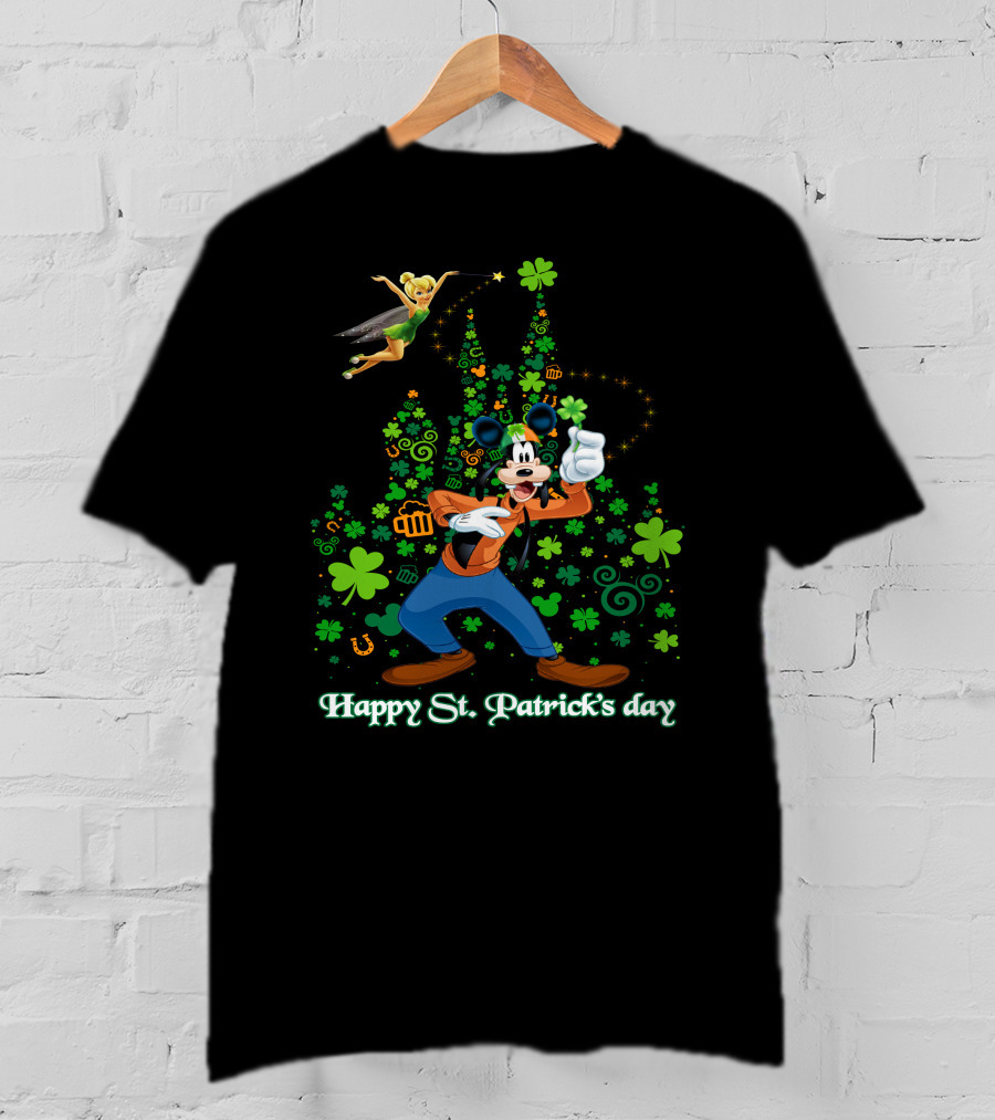 Goofy Happy St. Patrick's Day With Tinker Bell And Castle T-Shirt
