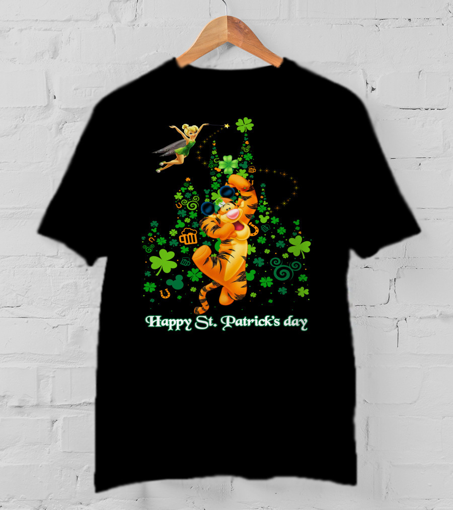 Happy St. Patrick's Day Tigger And Tinkerbell Celebration With Shamrocks And Icons T-Shirt