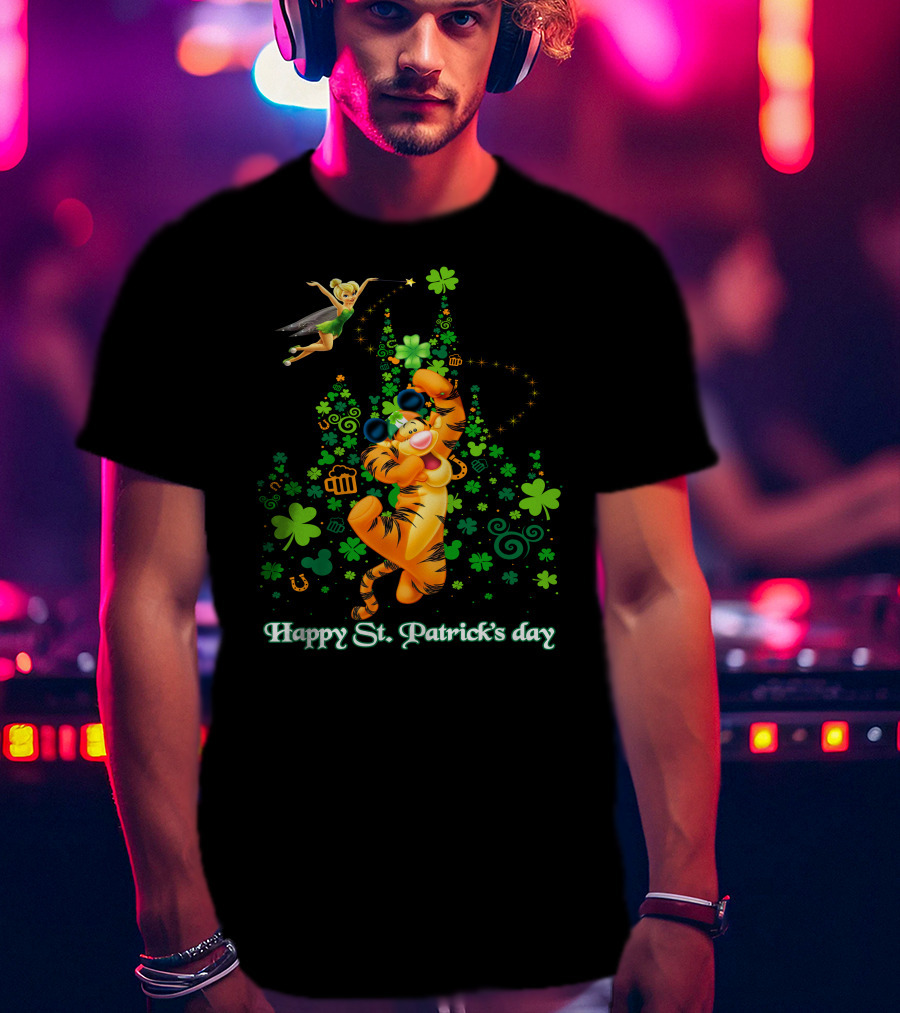 Happy St. Patrick's Day Tigger And Tinkerbell Celebration With Shamrocks And Icons T-Shirt