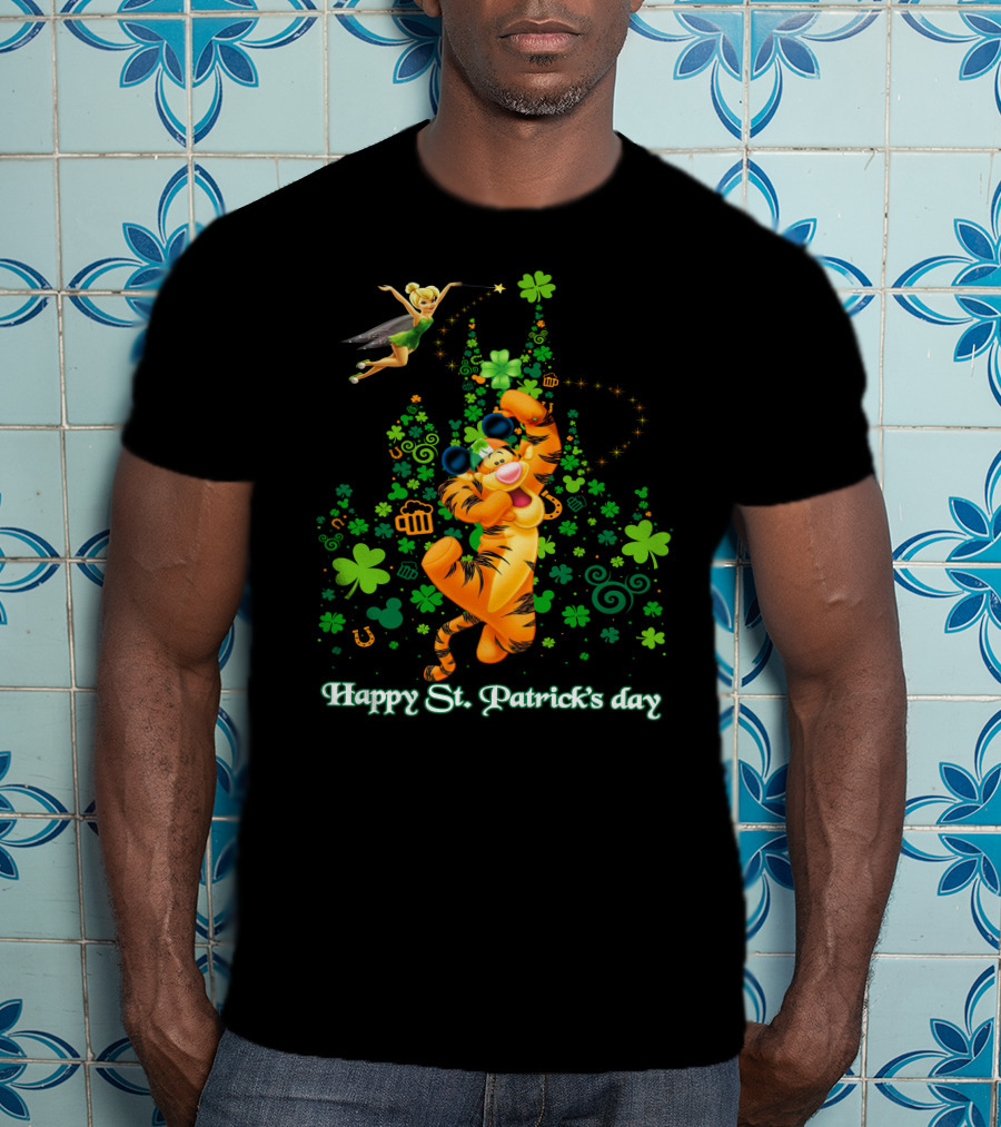 Happy St. Patrick's Day Tigger And Tinkerbell Celebration With Shamrocks And Icons T-Shirt