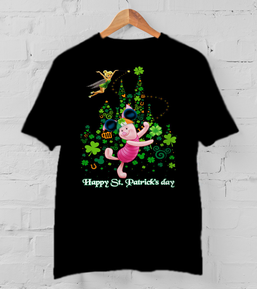 Happy St. Patrick's Day Piglet Tinker Bell Mickey Ears Shamrock Castle T-Shirt