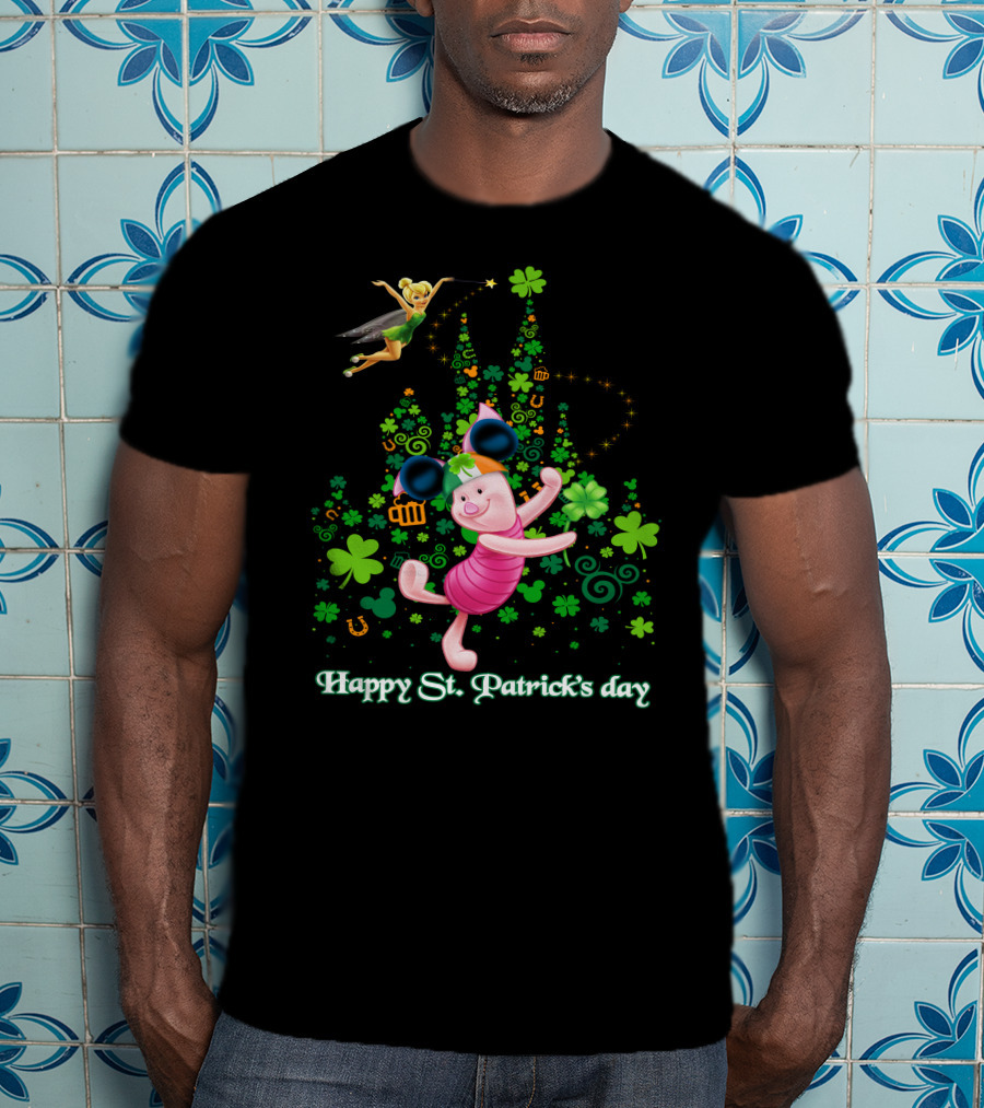 Happy St. Patrick's Day Piglet Tinker Bell Mickey Ears Shamrock Castle T-Shirt