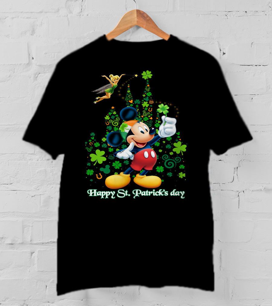 Mickey Happy St. Patrick's Day With Tinker Bell And Shamrocks T-Shirt