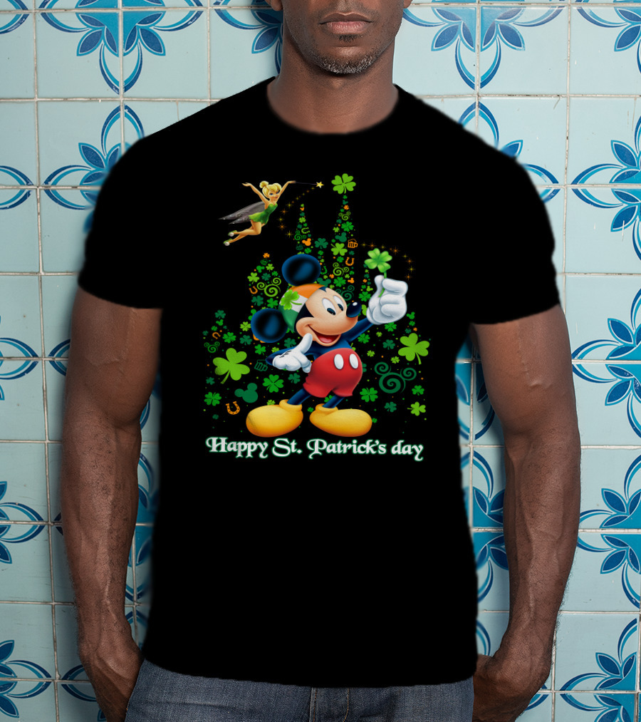 Mickey Happy St. Patrick's Day With Tinker Bell And Shamrocks T-Shirt