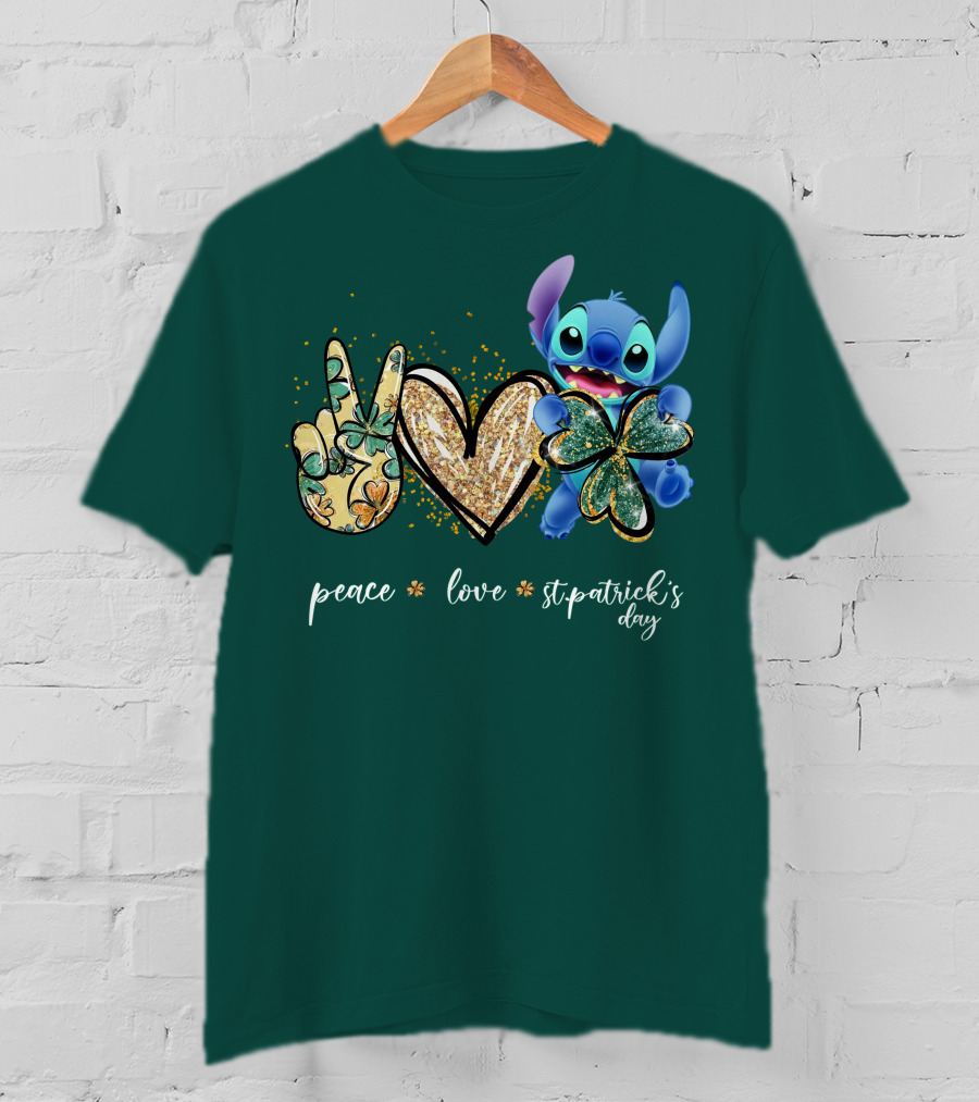 Peace Love St. Patrick's Day Stitch Shamrock Clover T-Shirt