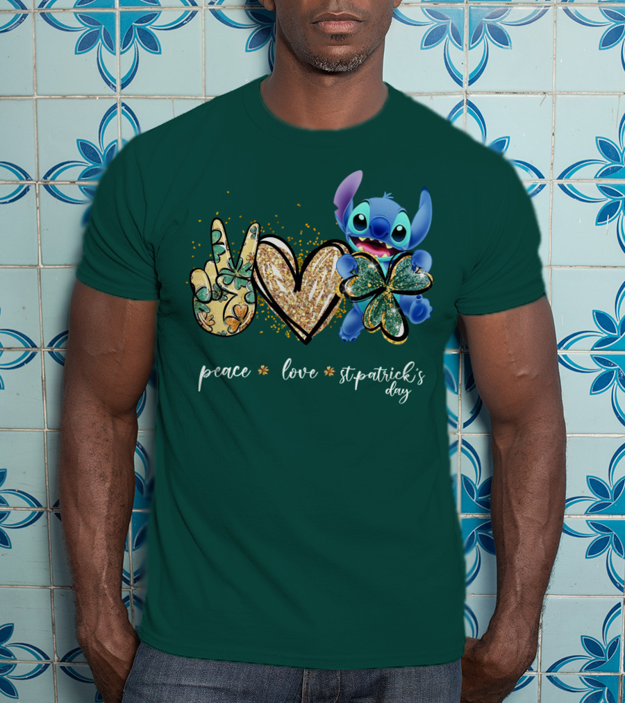 Peace Love St. Patrick's Day Stitch Shamrock Clover T-Shirt