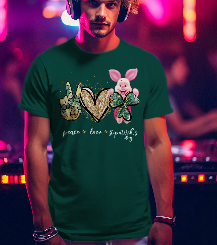 Peace Love St. Patrick's Day Piglet Shamrock T-Shirt